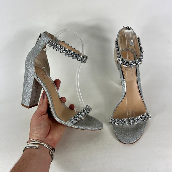 Jewel Badgley Mischka Mayra Heels Women's 8 Silver Zipper Ankle Strap Rhinestone - Picture 1 of 11